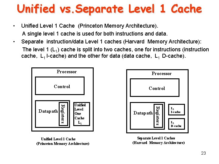 Unified vs. Separate Level 1 Cache • • Unified Level 1 Cache (Princeton Memory