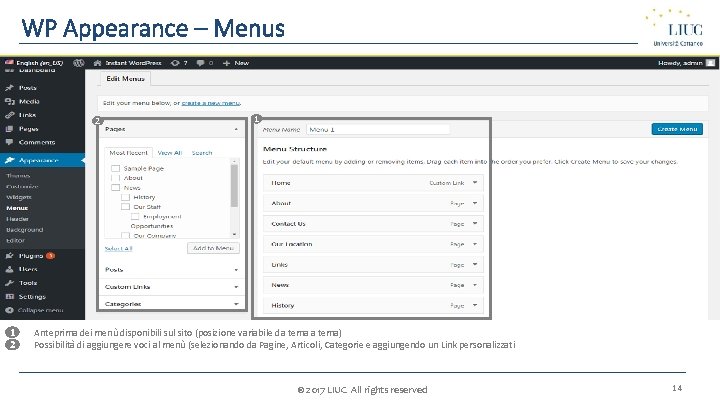 WP Appearance – Menus 2 1 1. 2 2. 1 Anteprima dei menù disponibili