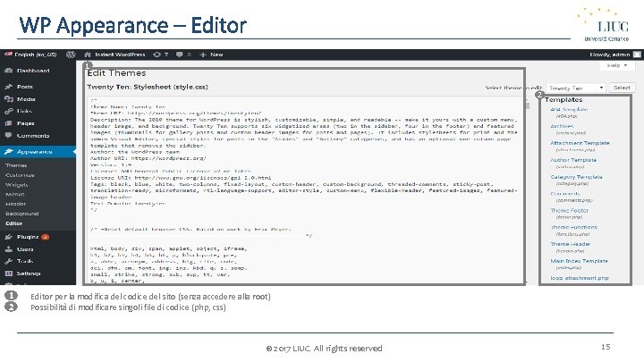 WP Appearance – Editor 1 2 1 1. 2 2. Editor per la modifica