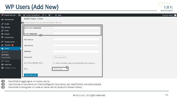 WP Users (Add New) 1 2 3 1 1. 2 2. 3. 3 Possibilità
