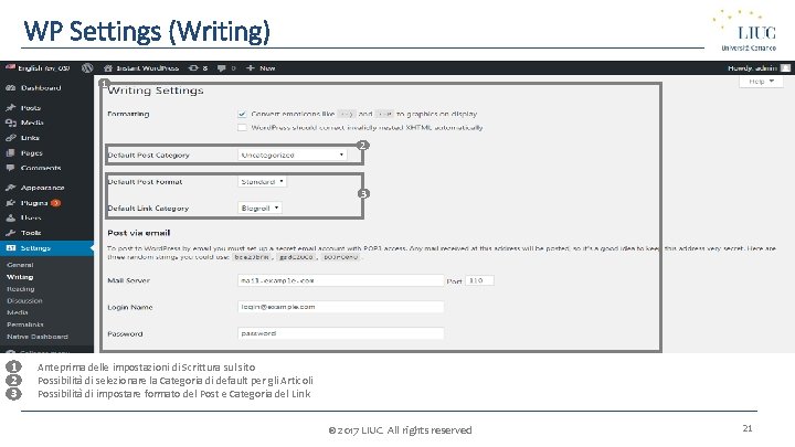 WP Settings (Writing) 1 2 3 1 1. 2 2. 3. 3 Anteprima delle