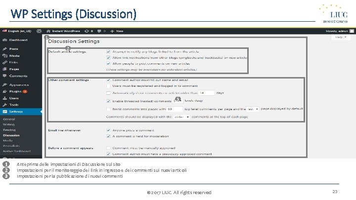 WP Settings (Discussion) 1 2 3 1 1. 2 2. 3. 3 Anteprima delle