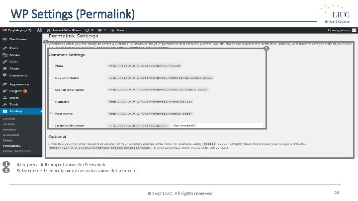 WP Settings (Permalink) 1 2 1 1. 2 2. Anteprima delle impostazioni dei Permalink