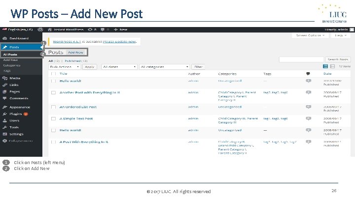 WP Posts – Add New Post 1 2 1. 1 2. 2 Click on