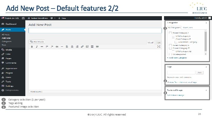 Add New Post – Default features 2/2 1 2 3 • 1 • 2