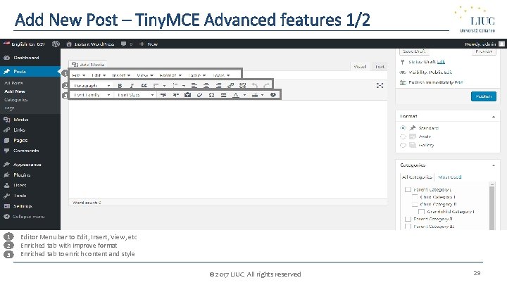 Add New Post – Tiny. MCE Advanced features 1/2 1 2 3 • 1