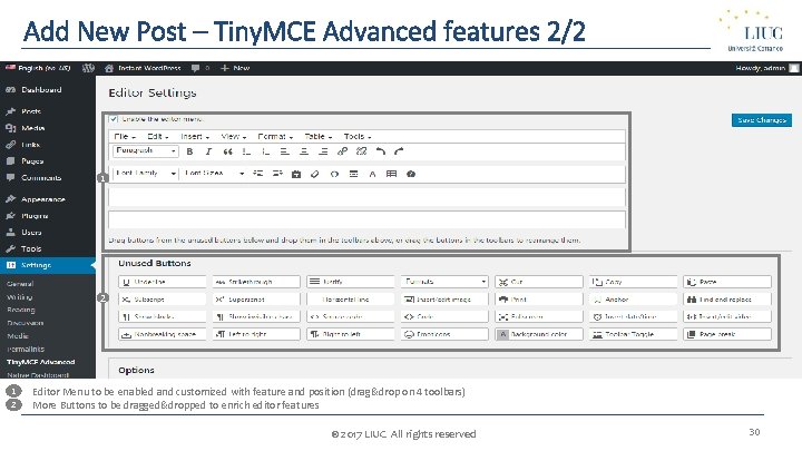 Add New Post – Tiny. MCE Advanced features 2/2 1 2 1. 1 2.