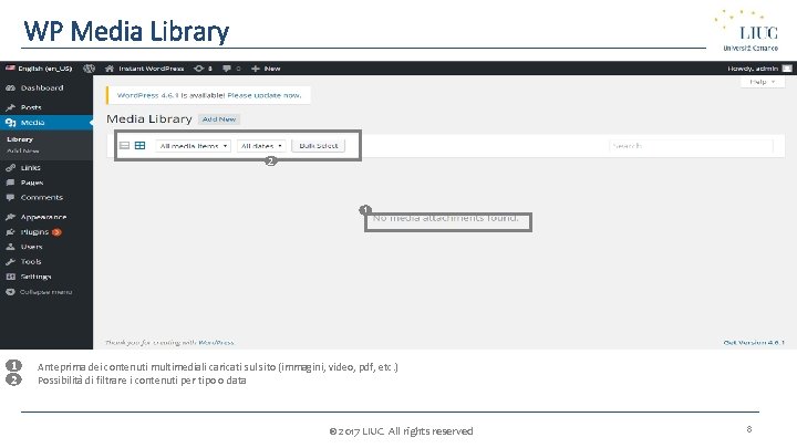 WP Media Library 2 1 1 1. 2 2. Anteprima dei contenuti multimediali caricati