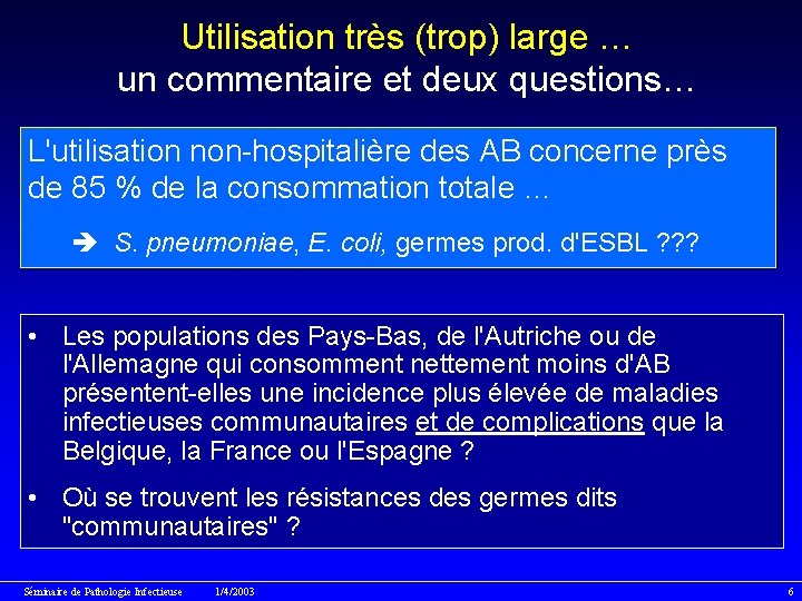 Utilisation très (trop) large … un commentaire et deux questions… L'utilisation non-hospitalière des AB