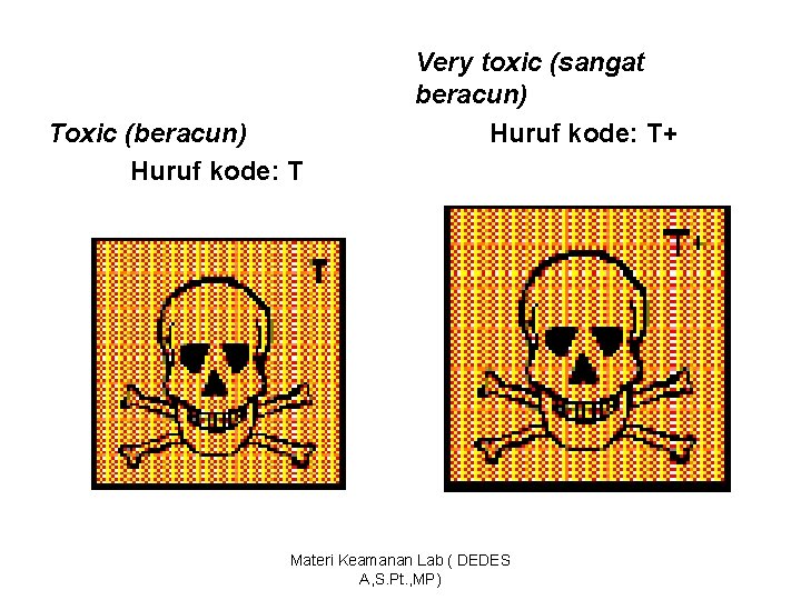 Toxic (beracun) Huruf kode: T Very toxic (sangat beracun) Huruf kode: T+ Materi Keamanan