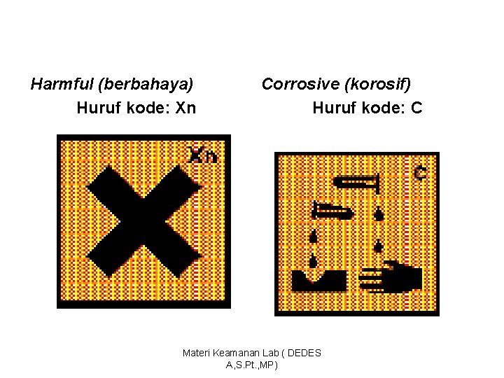 Harmful (berbahaya) Huruf kode: Xn Corrosive (korosif) Huruf kode: C Materi Keamanan Lab (