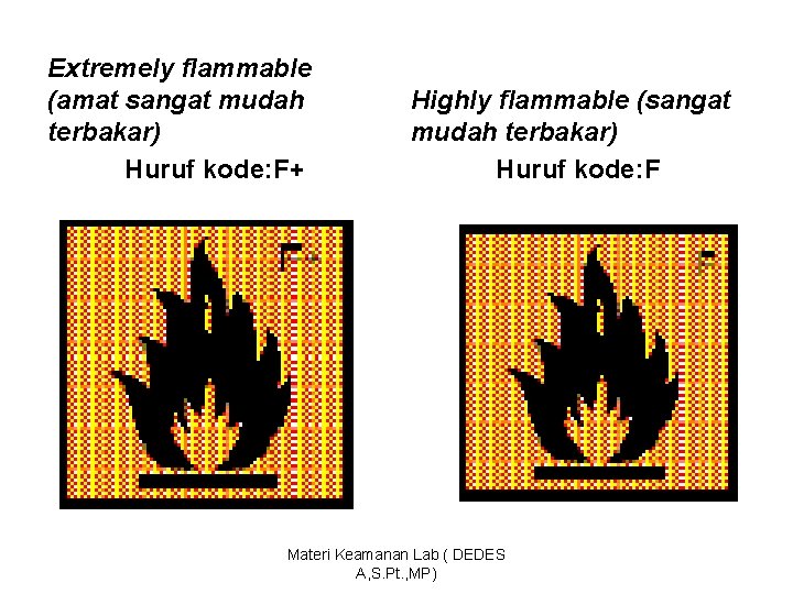 Extremely flammable (amat sangat mudah terbakar) Huruf kode: F+ Highly flammable (sangat mudah terbakar)