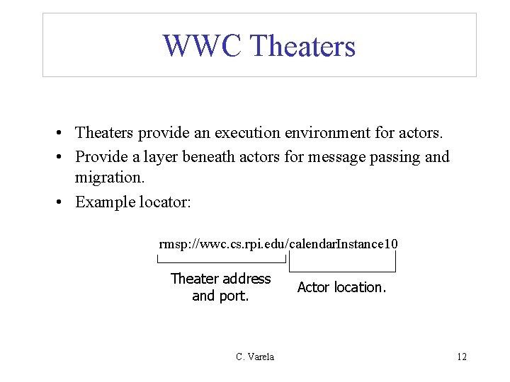 WWC Theaters • Theaters provide an execution environment for actors. • Provide a layer