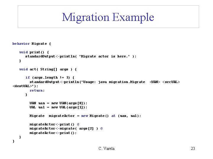 Migration Example behavior Migrate { void print() { standard. Output<-println( "Migrate actor is here.