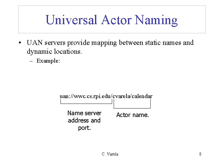 Universal Actor Naming • UAN servers provide mapping between static names and dynamic locations.