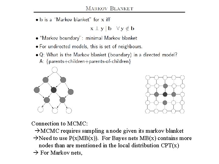 Connection to MCMC: MCMC requires sampling a node given its markov blanket Need to