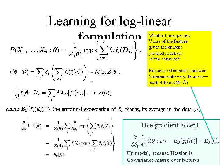 Learning for log-linear formulation What is the expected Value of the feature given the
