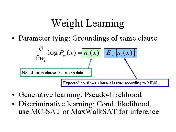 Weight Learning • Parameter tying: Groundings of same clause No. of times clause i