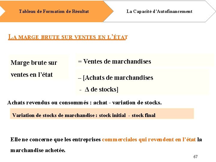 Tableau de Formation de Résultat La Capacité d’Autofinancement LA MARGE BRUTE SUR VENTES EN