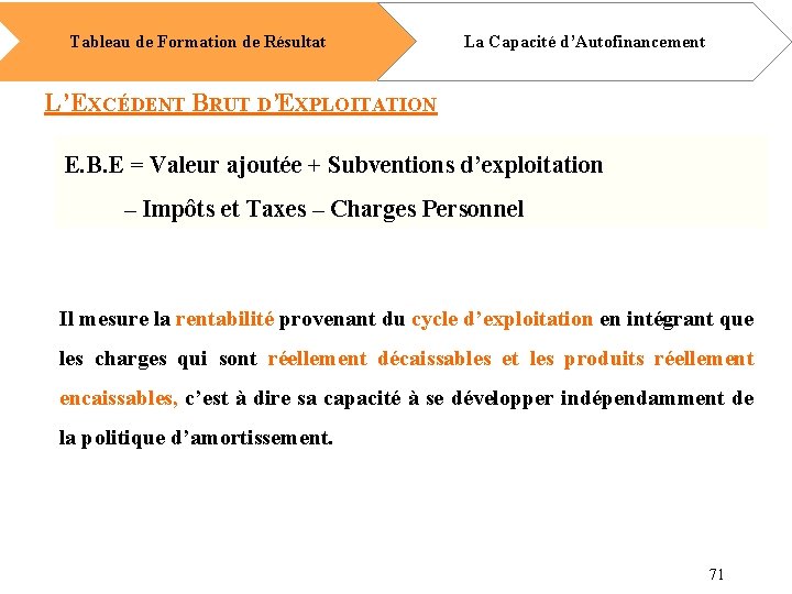 Tableau de Formation de Résultat La Capacité d’Autofinancement L’EXCÉDENT BRUT D’EXPLOITATION E. B. E