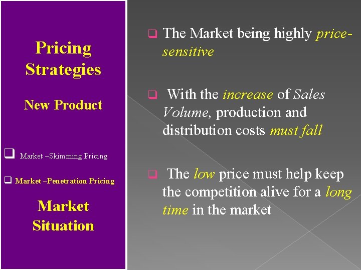 Pricing Strategies New Product q The Market being highly pricesensitive q With the increase