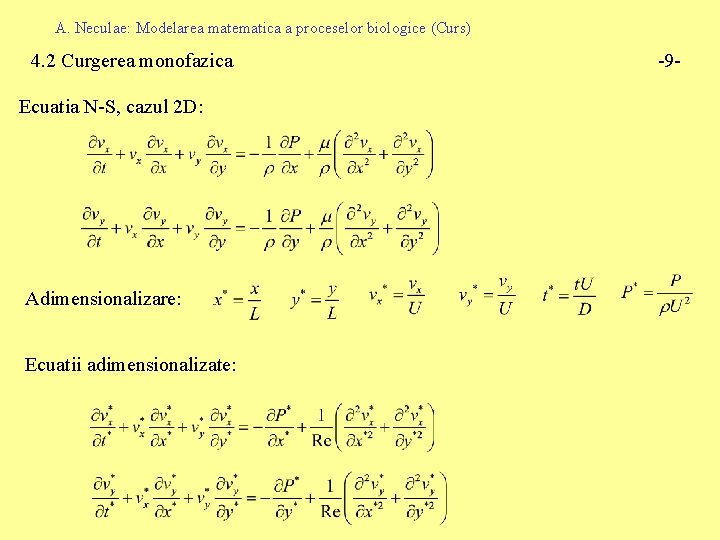 A. Neculae: Modelarea matematica a proceselor biologice (Curs) 4. 2 Curgerea monofazica Ecuatia N-S,