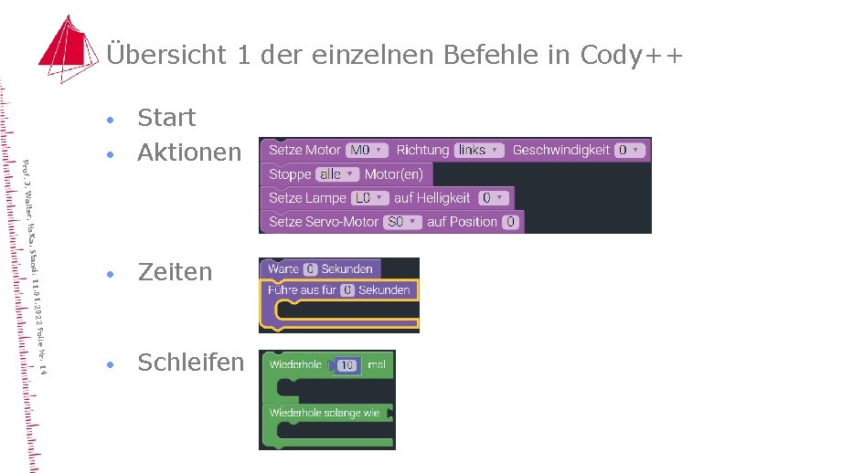 Übersicht 1 der einzelnen Befehle in Cody++ · Start Aktionen · Zeiten · Schleifen
