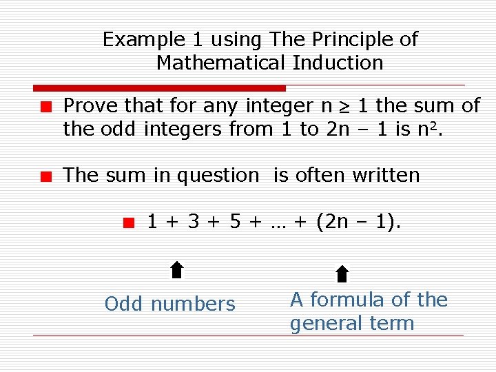 Example 1 using The Principle of Mathematical Induction Prove that for any integer n