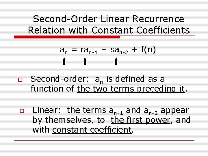 Second-Order Linear Recurrence Relation with Constant Coefficients an = ran-1 + san-2 + f(n)