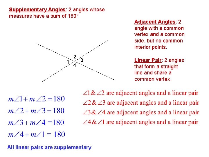 Supplementary Angles: 2 angles whose measures have a sum of 180° Adjacent Angles: 2