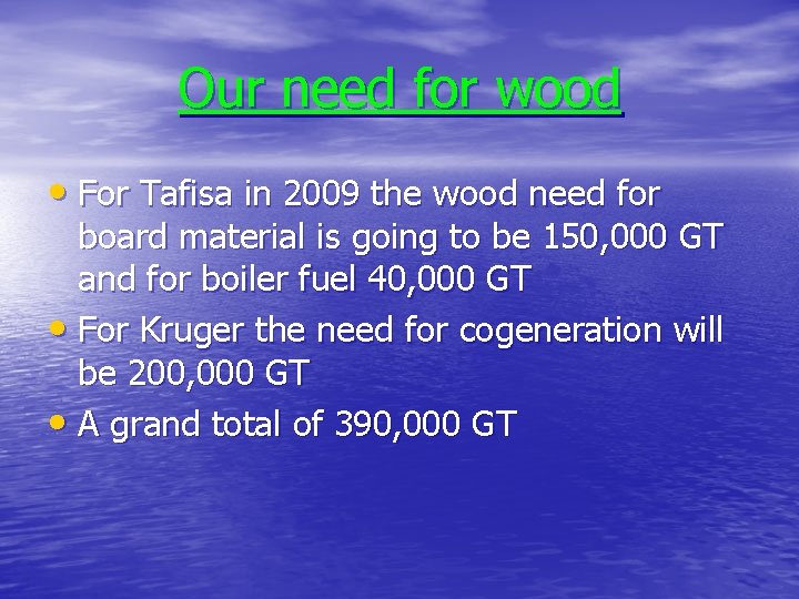 Our need for wood • For Tafisa in 2009 the wood need for board