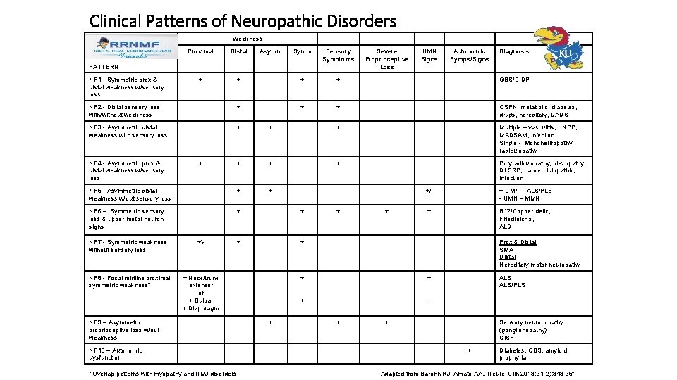 Clinical Patterns of Neuropathic Disorders Weakness Proximal Distal + Asymm Sensory Symptoms + +