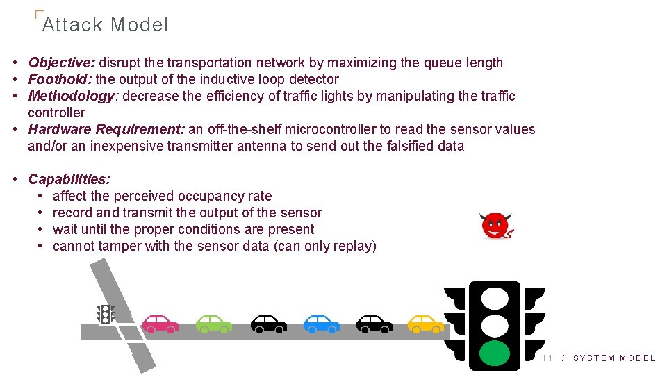 Attack Model • Objective: disrupt the transportation network by maximizing the queue length •