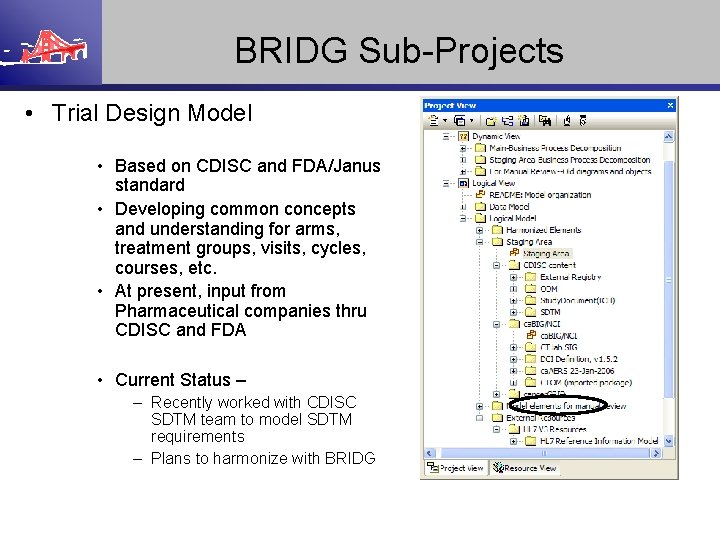 BRIDG Sub-Projects • Trial Design Model • Based on CDISC and FDA/Janus standard •