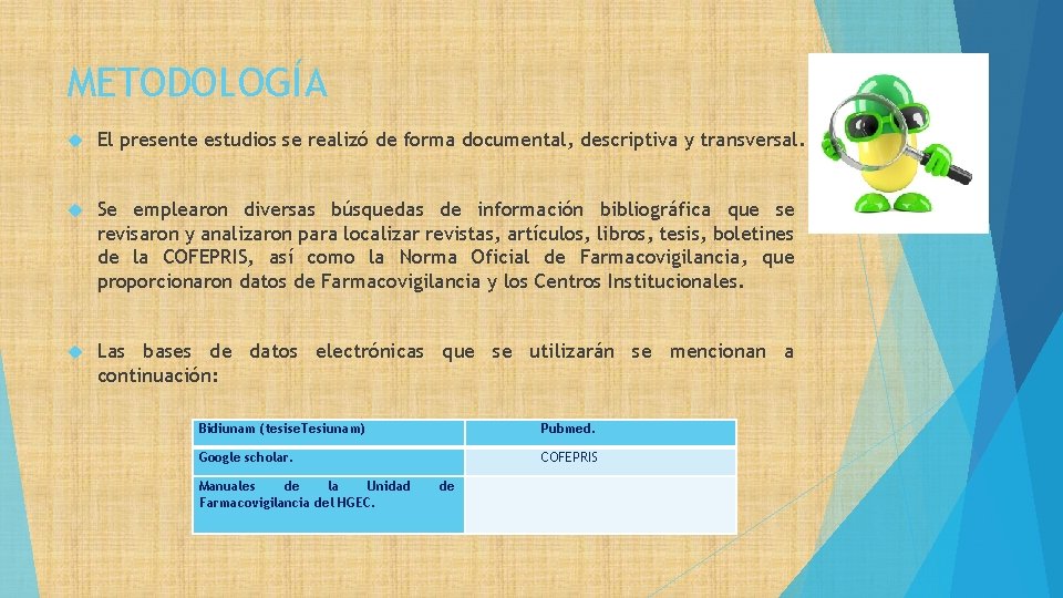 METODOLOGÍA El presente estudios se realizó de forma documental, descriptiva y transversal. Se emplearon