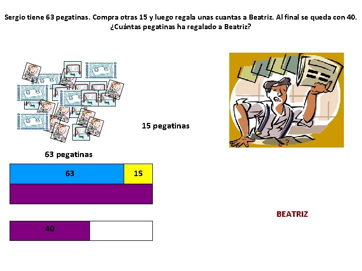 Sergio tiene 63 pegatinas. Compra otras 15 y luego regala unas cuantas a Beatriz.