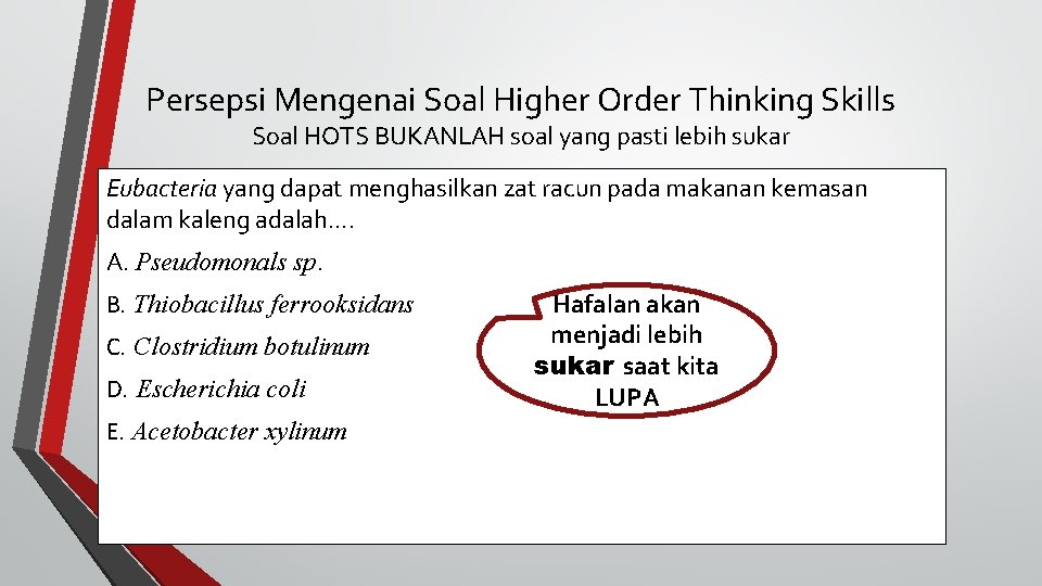 Persepsi Mengenai Soal Higher Order Thinking Skills Soal HOTS BUKANLAH soal yang pasti lebih