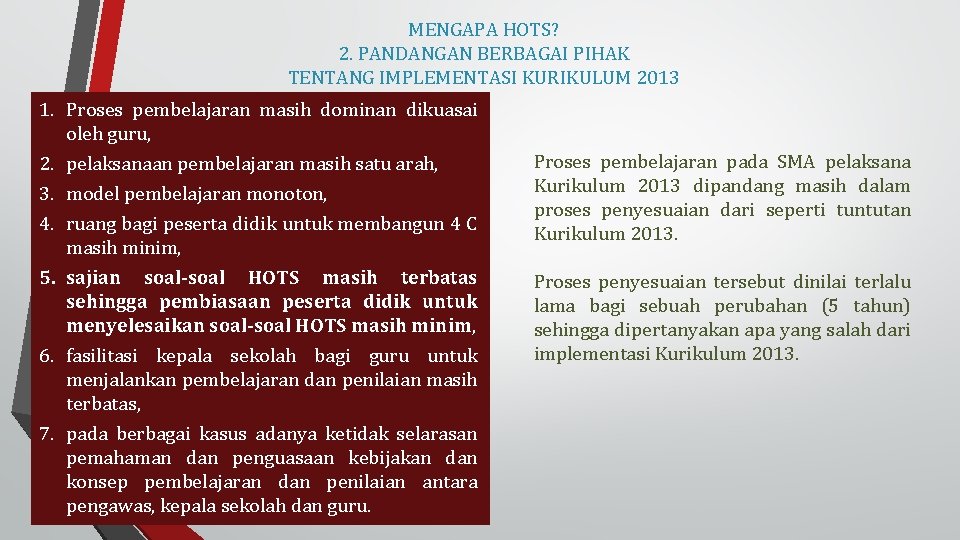 MENGAPA HOTS? 2. PANDANGAN BERBAGAI PIHAK TENTANG IMPLEMENTASI KURIKULUM 2013 1. Proses pembelajaran masih