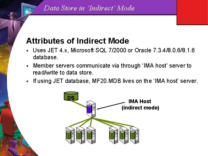Data Store in ‘Indirect’ Mode Attributes of Indirect Mode Uses JET 4. x, Microsoft