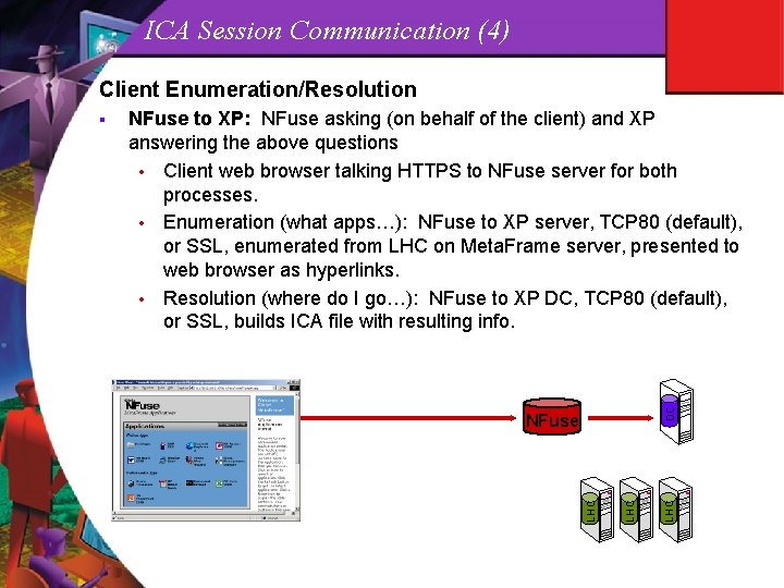 ICA Session Communication (4) Client Enumeration/Resolution LHC NFuse LHC DC NFuse to XP: NFuse