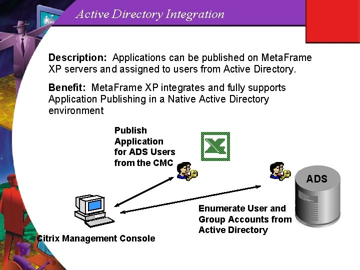 Active Directory Integration Description: Applications can be published on Meta. Frame XP servers and