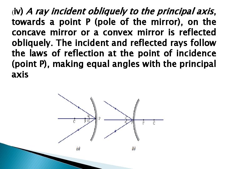 (iv) A ray incident obliquely to the principal axis, towards a point P (pole