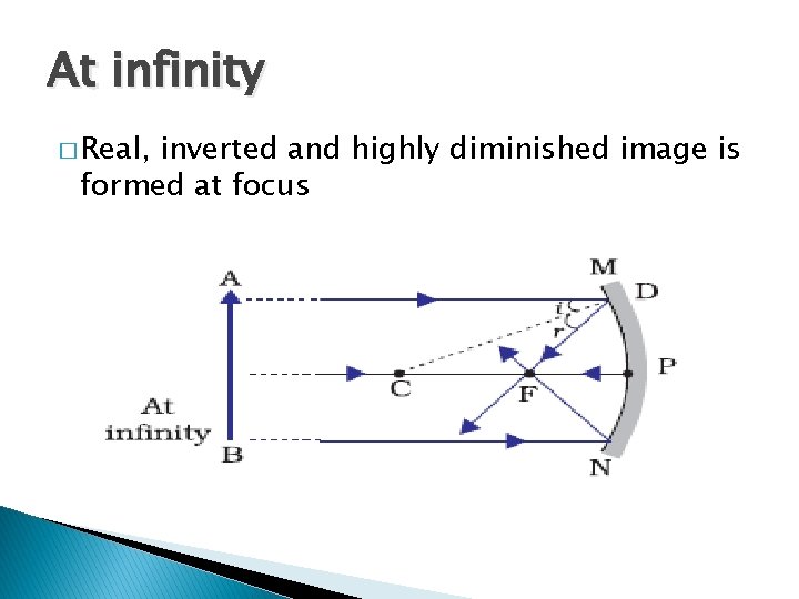 At infinity � Real, inverted and highly diminished image is formed at focus 