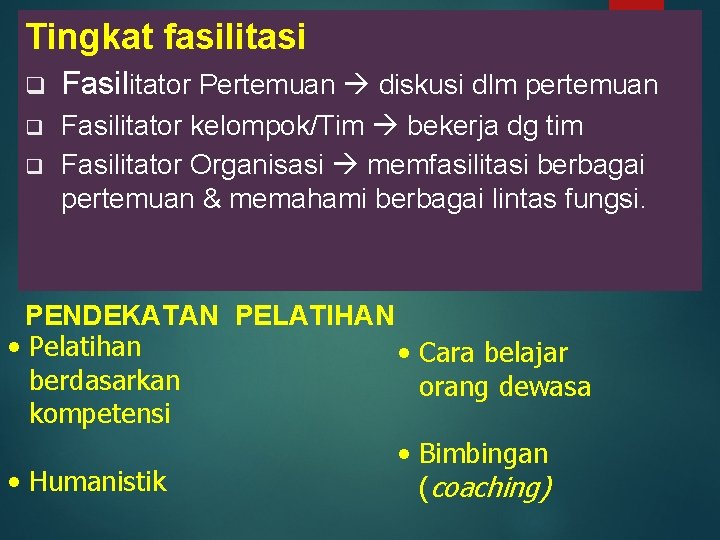 Tingkat fasilitasi q Fasilitator Pertemuan diskusi dlm pertemuan q Fasilitator kelompok/Tim bekerja dg tim