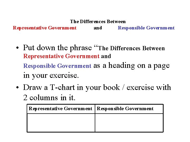 The Differences Between Representative Government and Responsible Government • Put down the phrase “The