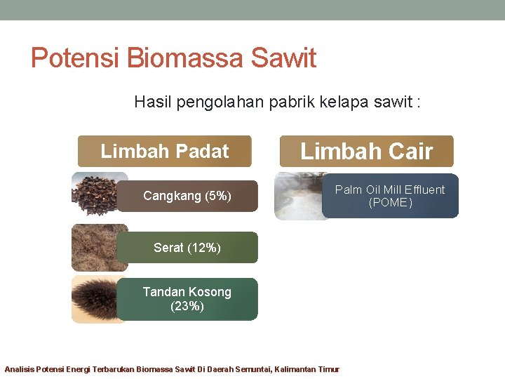 Potensi Biomassa Sawit Hasil pengolahan pabrik kelapa sawit : Limbah Padat Cangkang (5%) Limbah