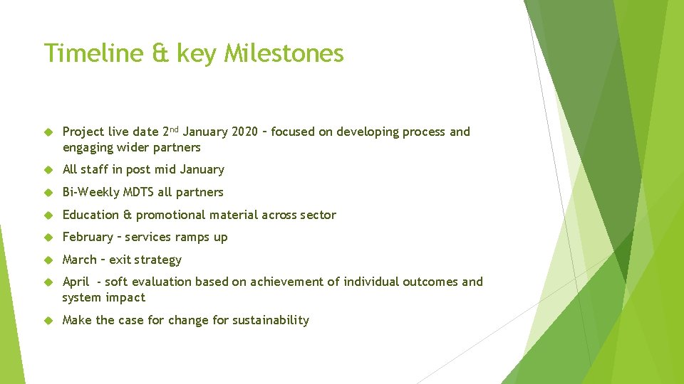 Timeline & key Milestones Project live date 2 nd January 2020 – focused on