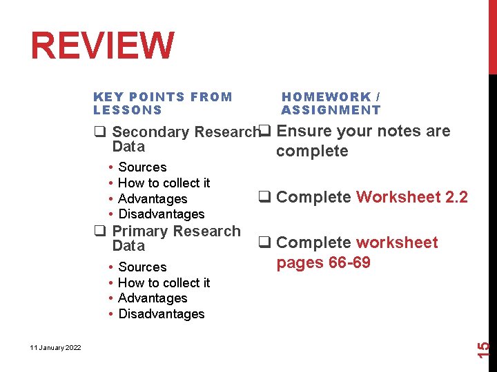 REVIEW KEY POINTS FROM LESSONS HOMEWORK / ASSIGNMENT q Secondary Researchq Ensure your notes