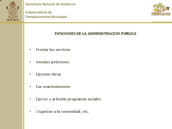 Secretaría General de Gobierno Subsecretaría de Fortalecimiento Municipal FUNCIONES DE LA ADMINISTRACION PUBLICA •