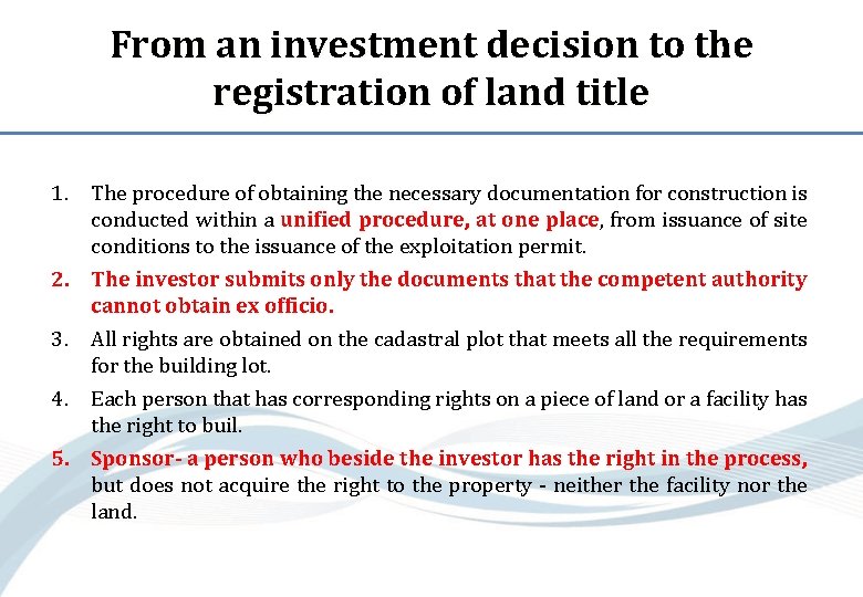 From an investment decision to the registration of land title 1. The procedure of
